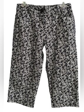 White Stag Black White Floral Capri Pants Womens Size 6 Partial Elastic Waist